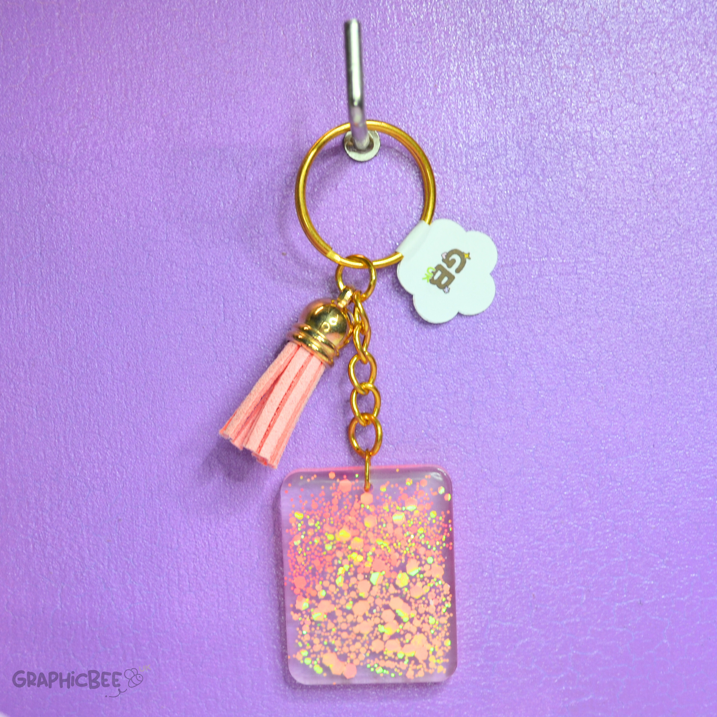 Orange & Pink Glitter Square & Tassel Resin Keyring