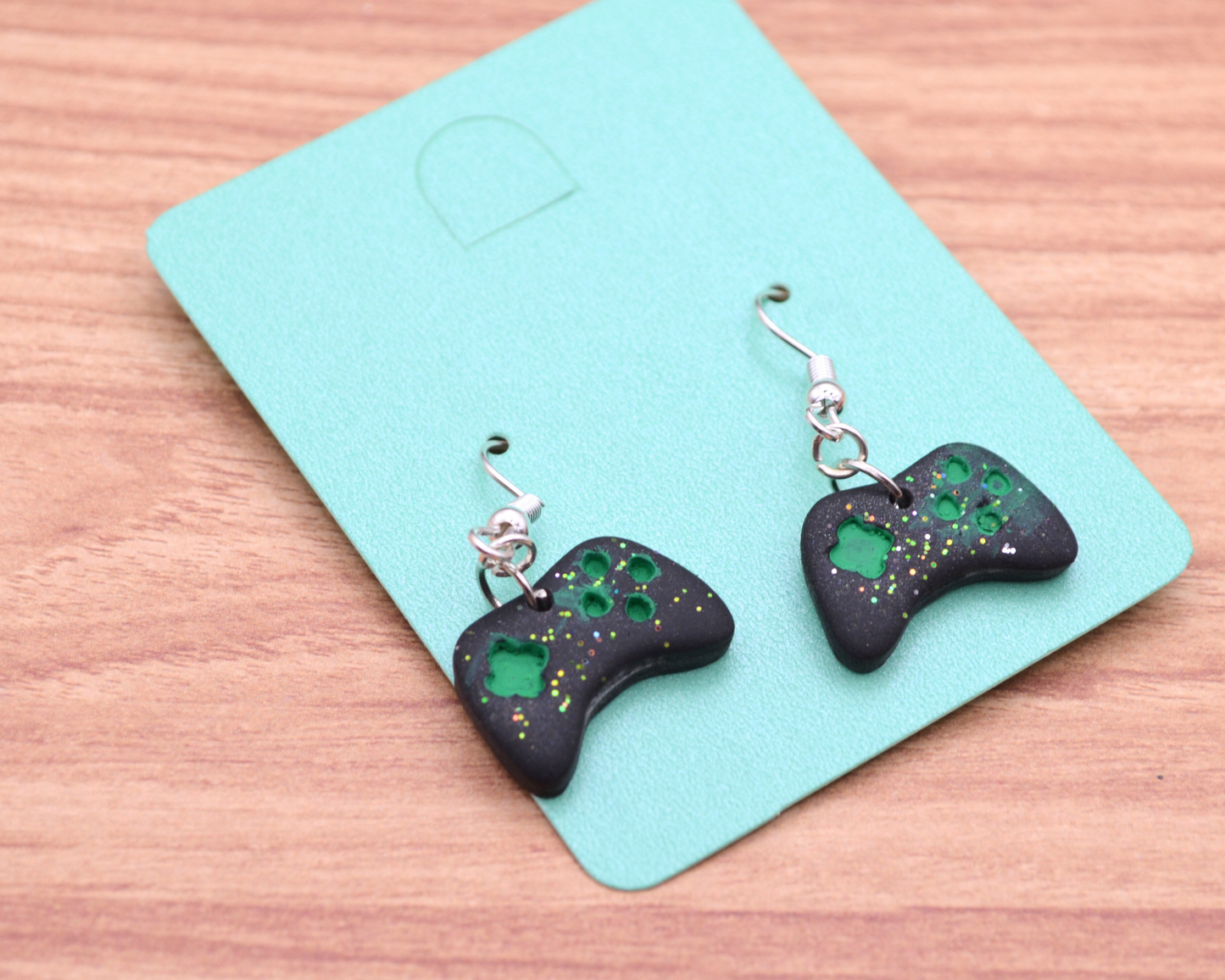 Black & Green Glitter Game Controller Dangle Clay Earrings