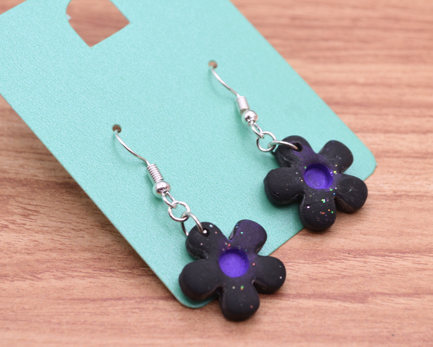 Black & Purple Flower Glitter Clay Dangle Earrings