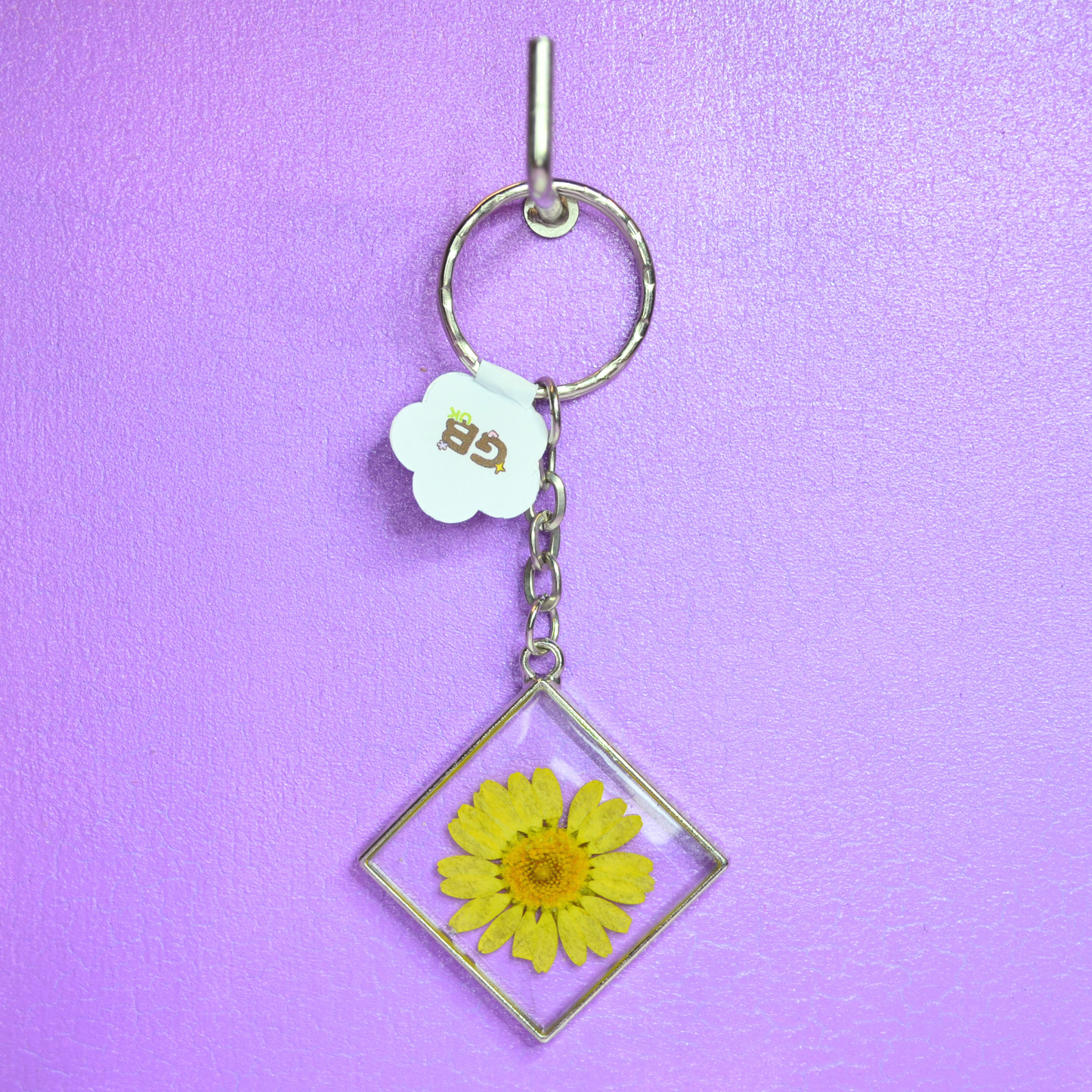 Yellow Daisy Diamond Shaped Bezel Resin Keyring