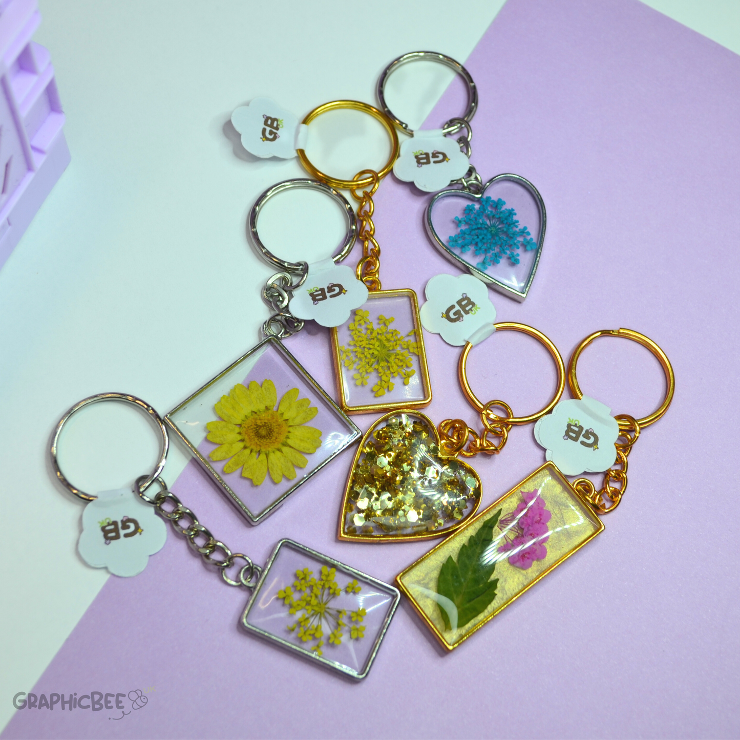 Gold Foil & Glitter Filled Heart Bezel Resin Keyring