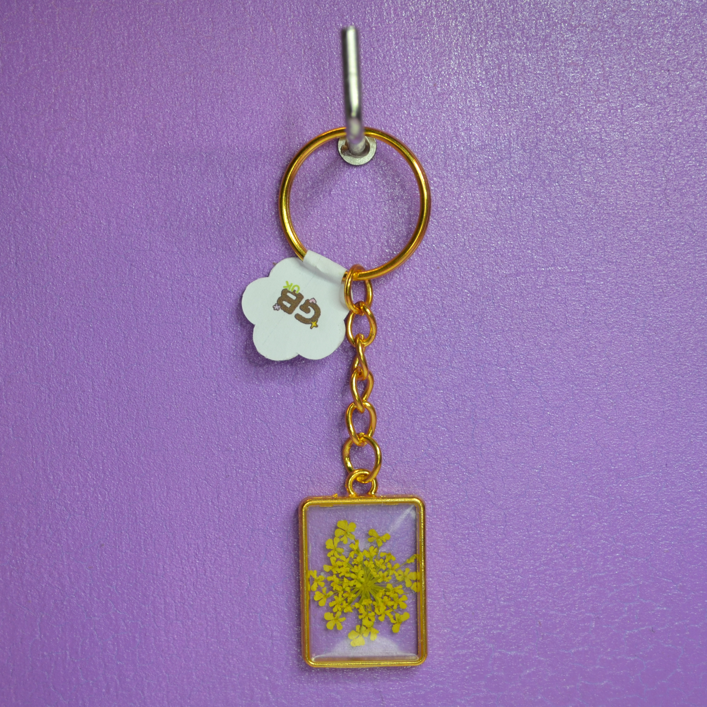 Yellow Floral Embed Rectangle Bezel Resin Keyring