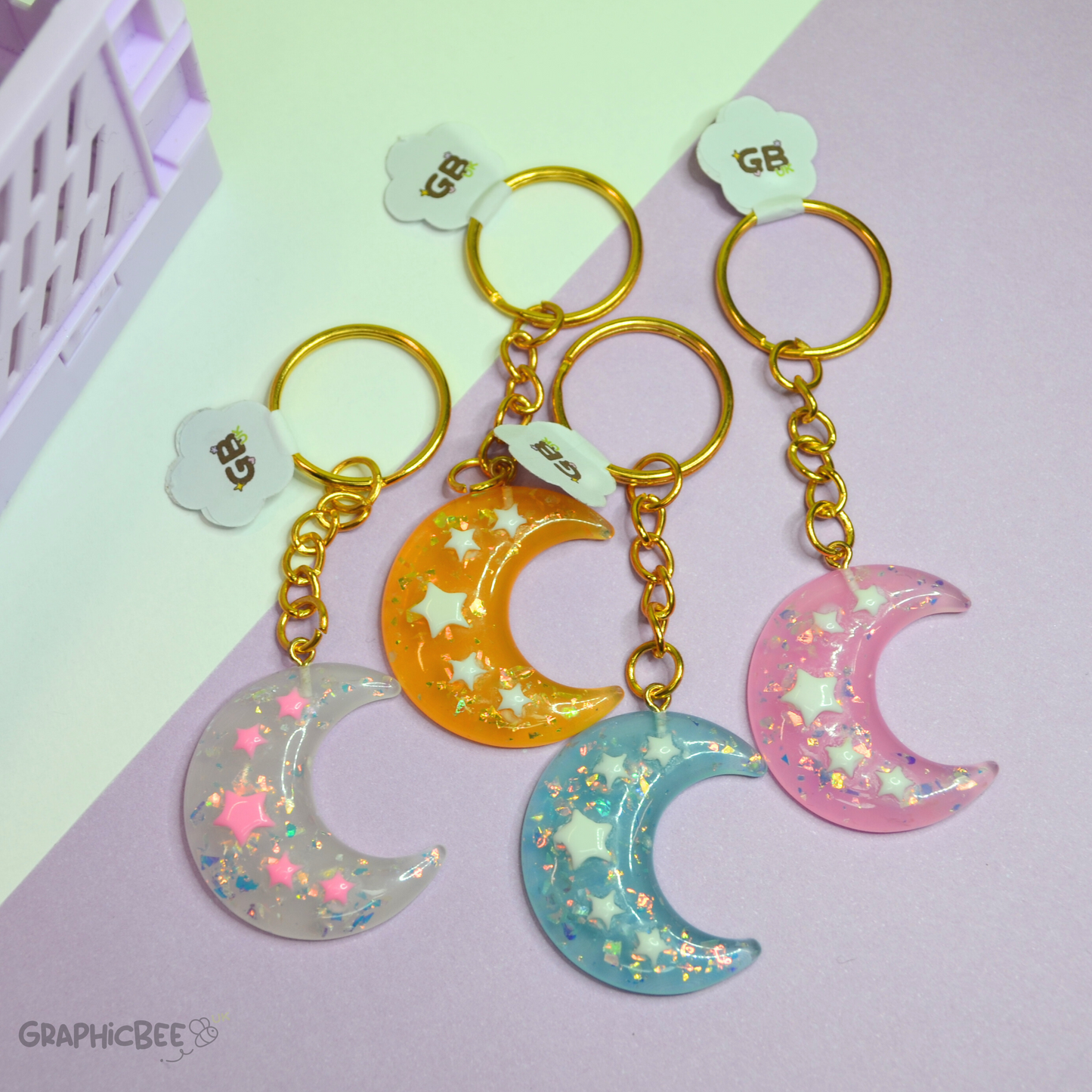 Serene Blue Sparkly Moon Resin Keyring