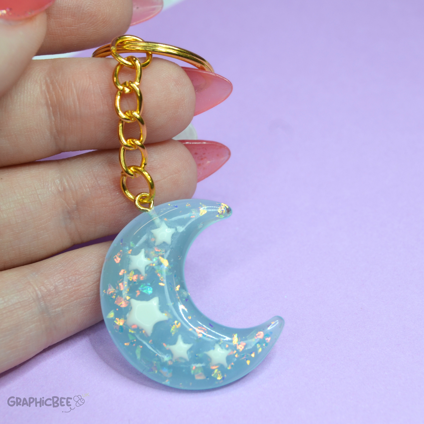 Serene Blue Sparkly Moon Resin Keyring