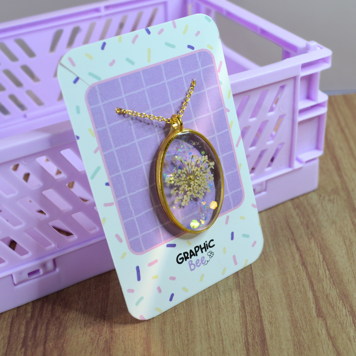 Oval Shape Floral & Glitter Embedded Necklace