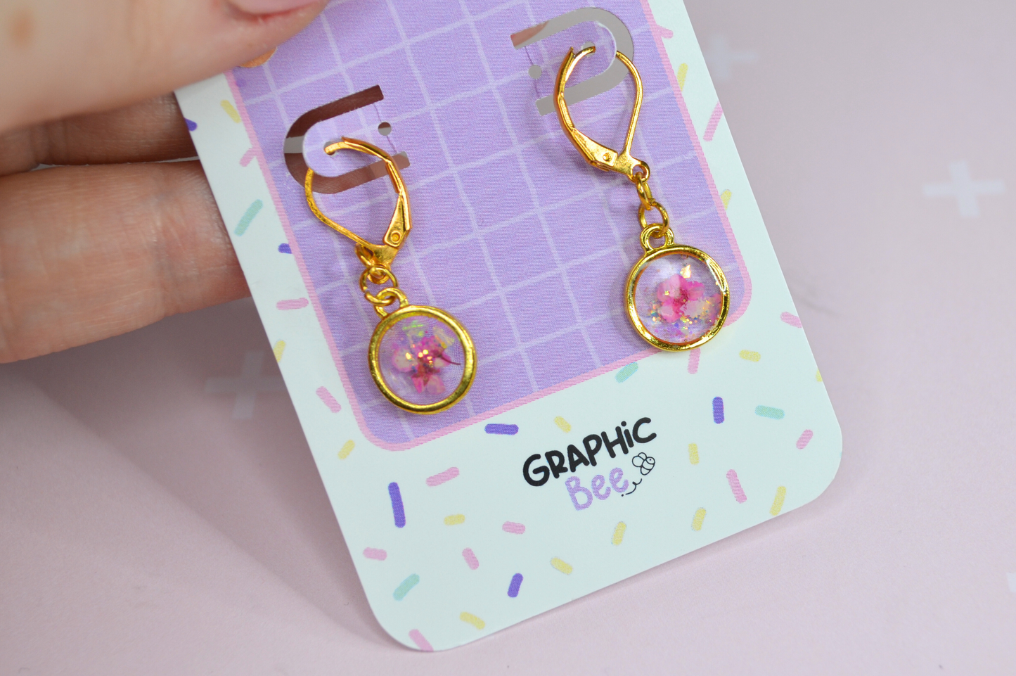 Pink floral inlay Glass Drop Earrings