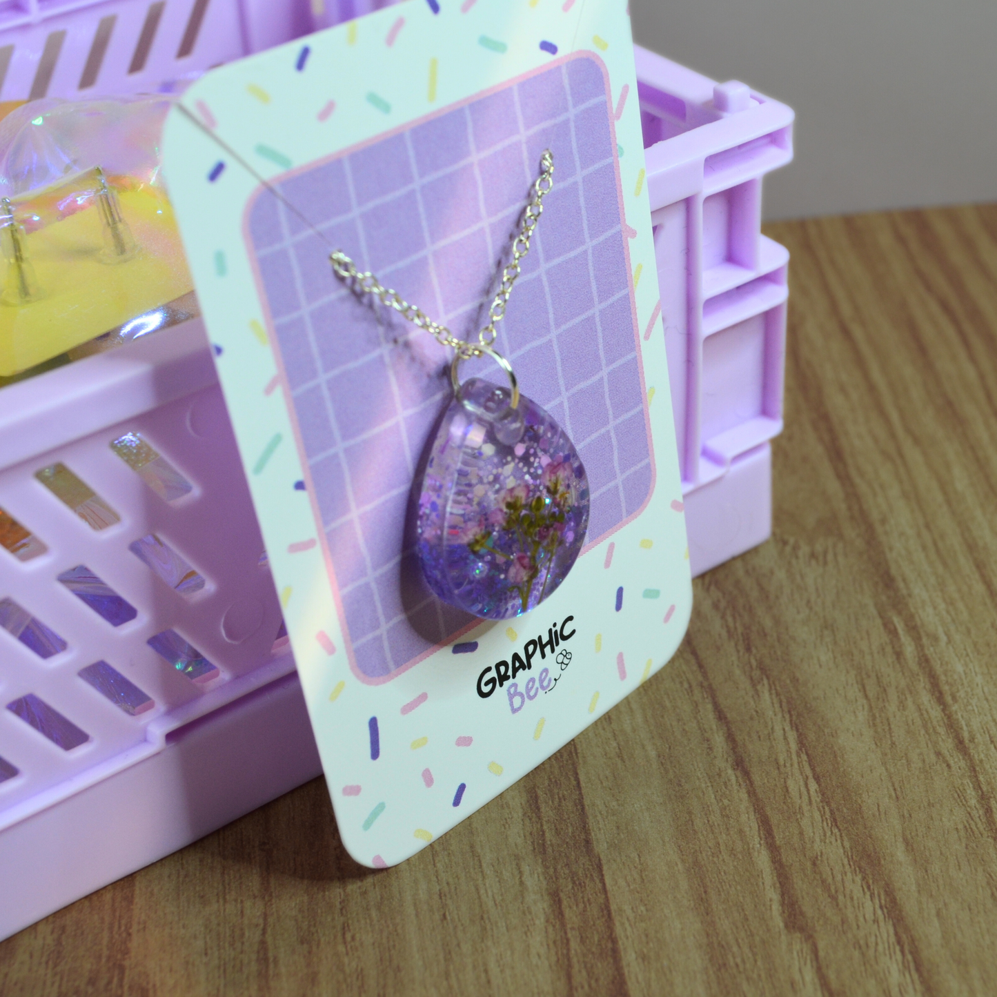 Teardrop Shape Purple Glitter and Floral Embedded Necklace