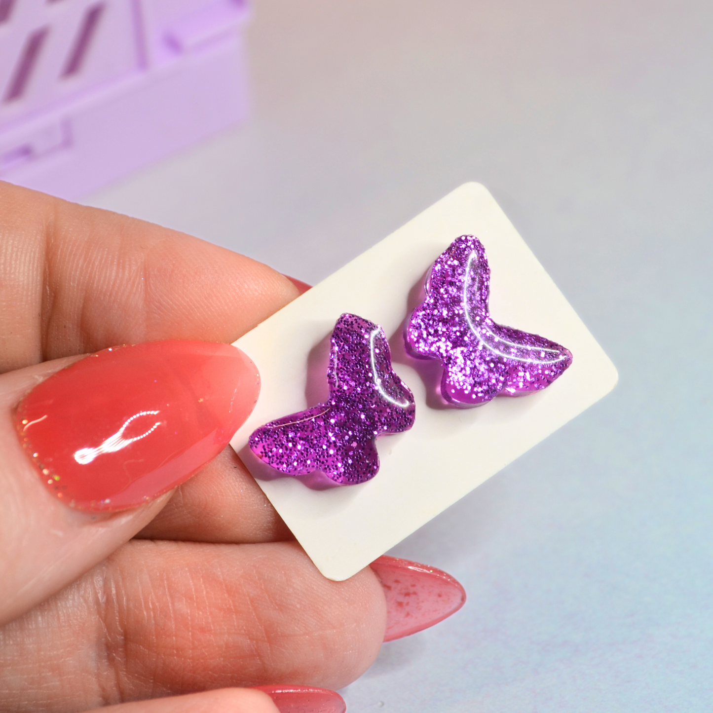Purple Glitter Butterfly Stud Earrings
