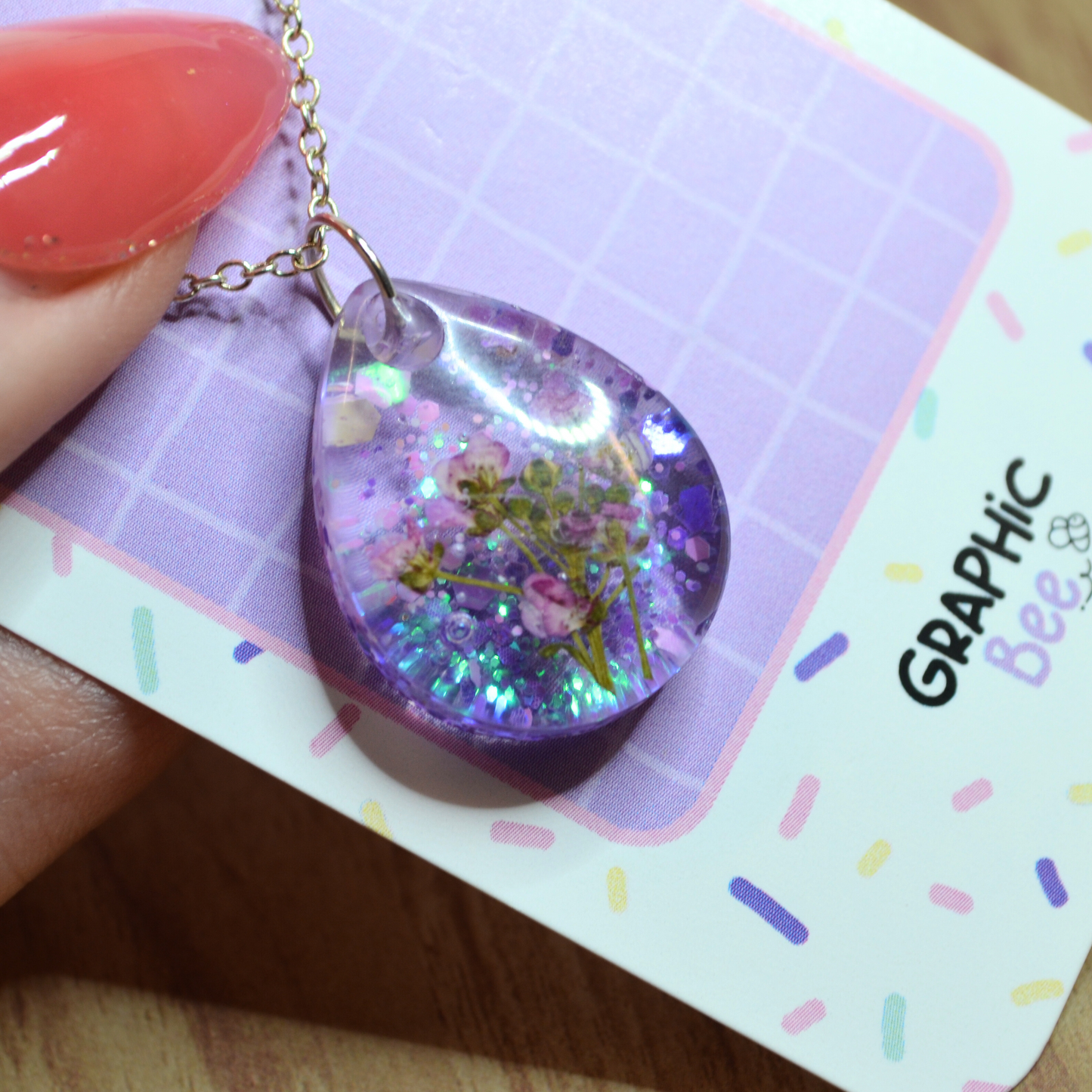 Teardrop Shape Purple Glitter and Floral Embedded Necklace