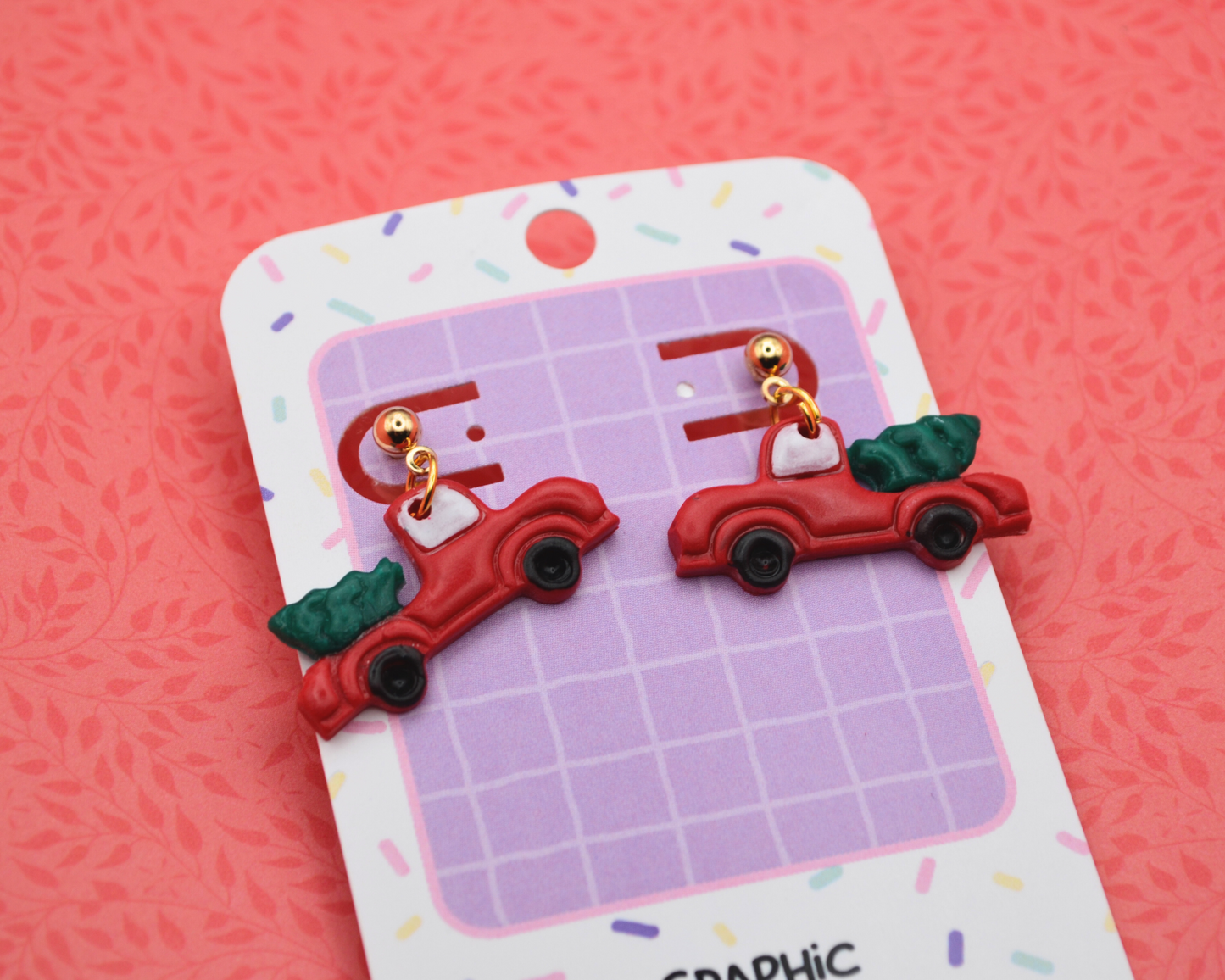 Red Truck Hauling Christmas Tree Clay Dangle Earrings