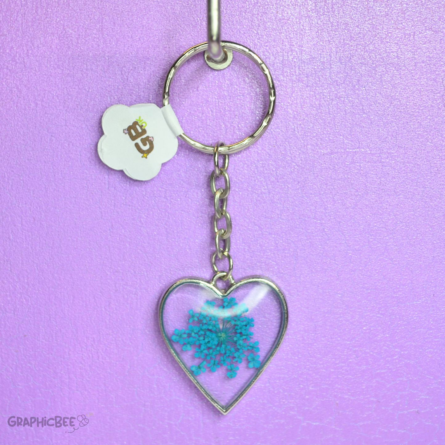 Blue Floral Embed Heart Bezel Resin Keyring