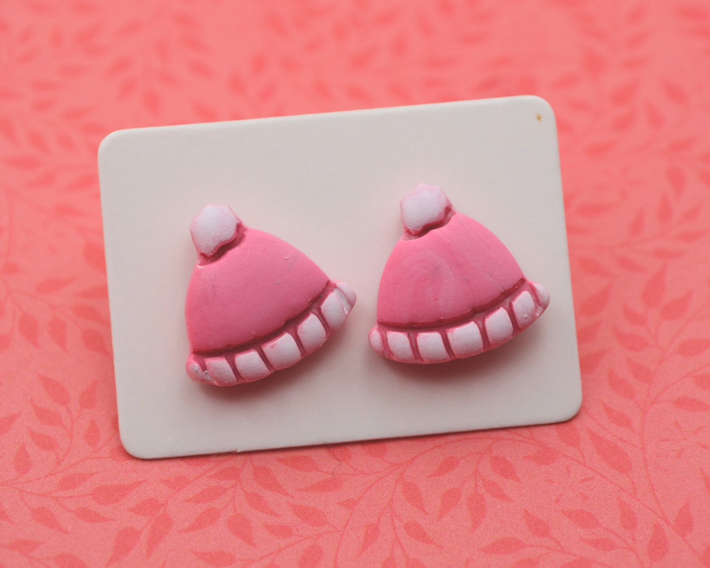 Pink & White Winter Hat Clay Stud Earrings