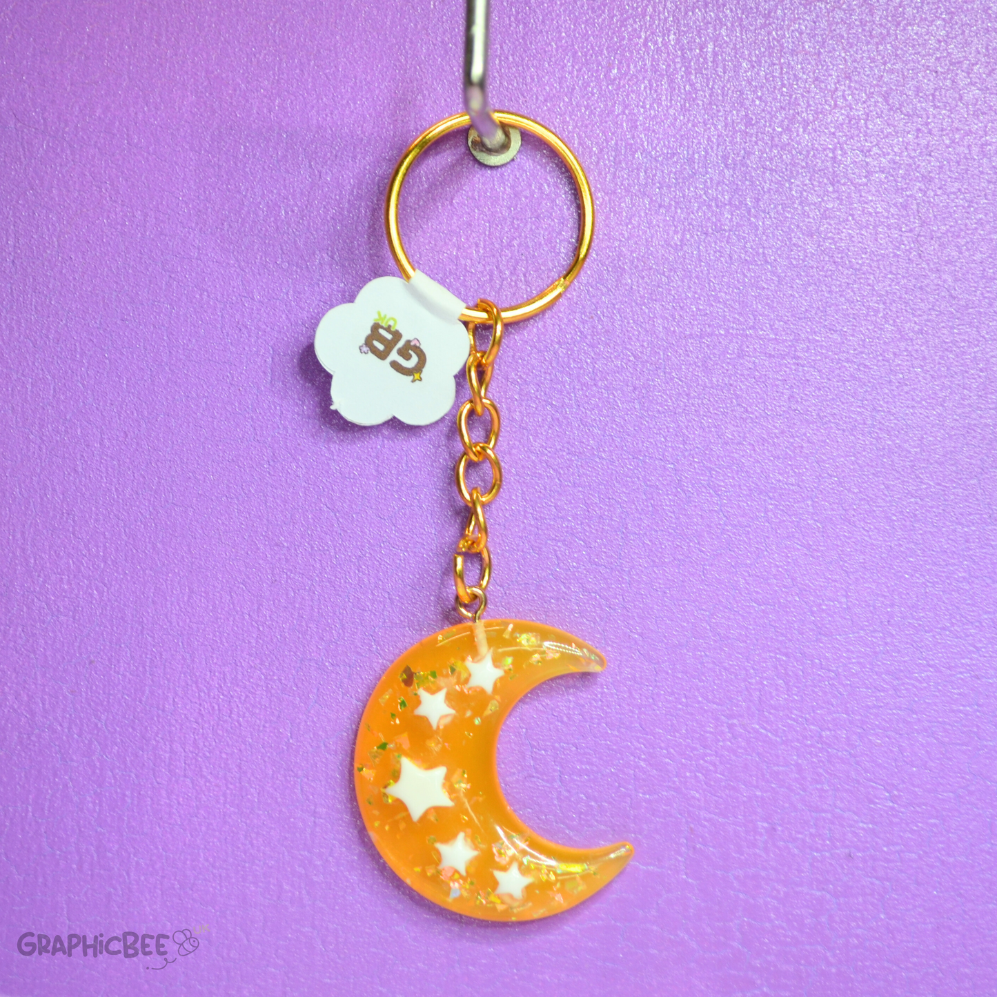 Sunset Orange Sparkly Moon Resin Keyring