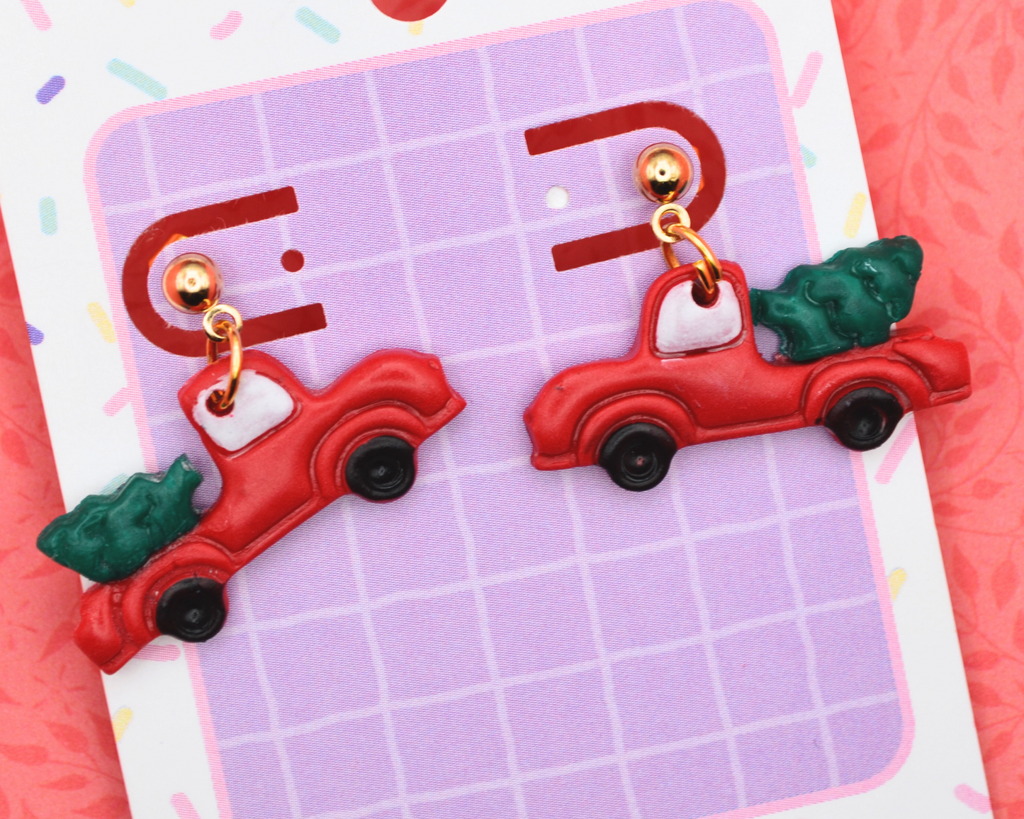 Red Truck Hauling Christmas Tree Clay Dangle Earrings