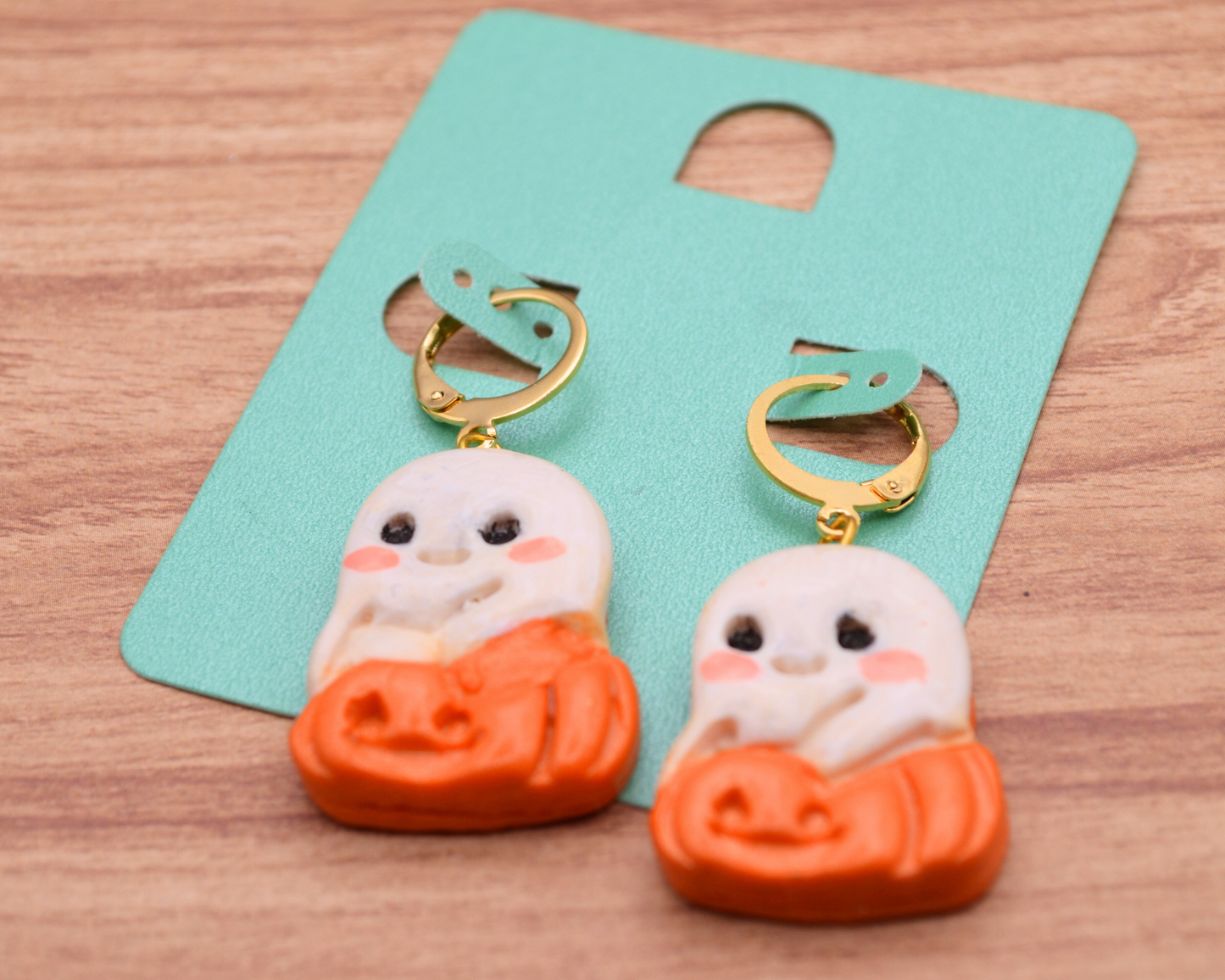 Adorable Ghostie In a Pumpkin Dangle Clay Earrings