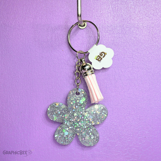 Silver Flower & Pink Tassel Resin Keyring