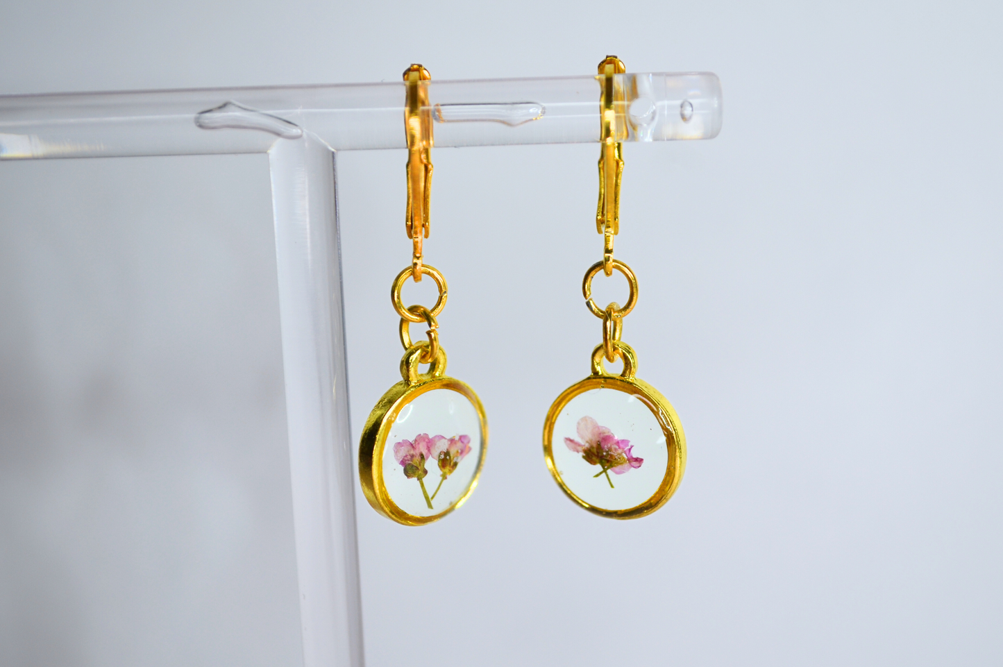 Pink floral inlay Glass Drop Earrings