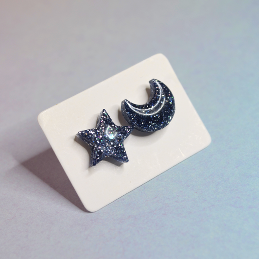 Moon & Star Black Glitter Studs Earrings