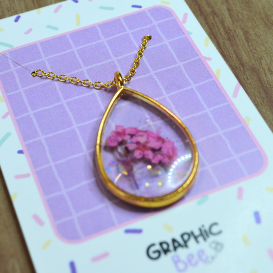 Teardrop Shape Floral & Glitter Embedded Necklace