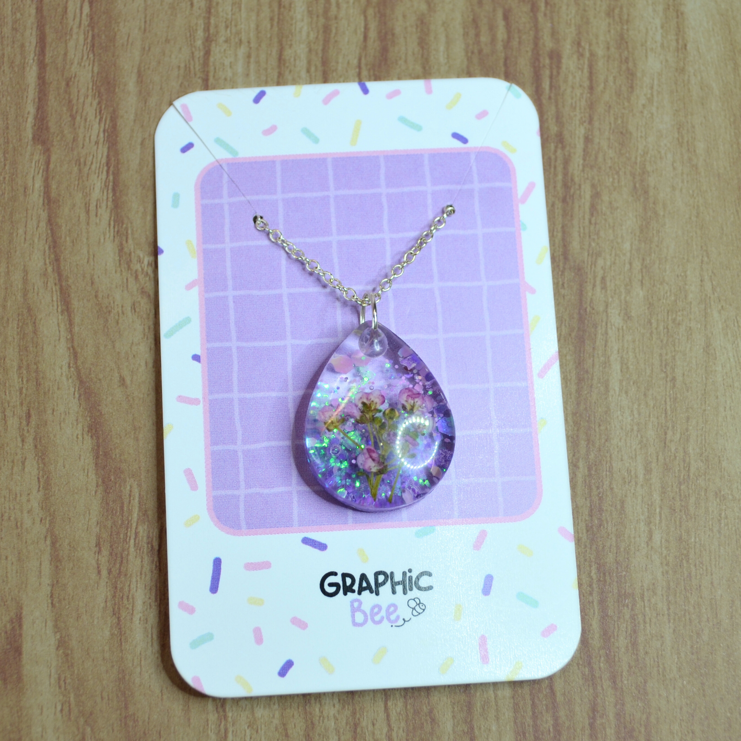 Teardrop Shape Purple Glitter and  Floral Embedded Necklace