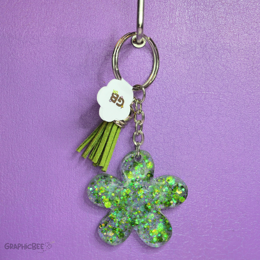 Green Flower & Tassel Resin Keyring
