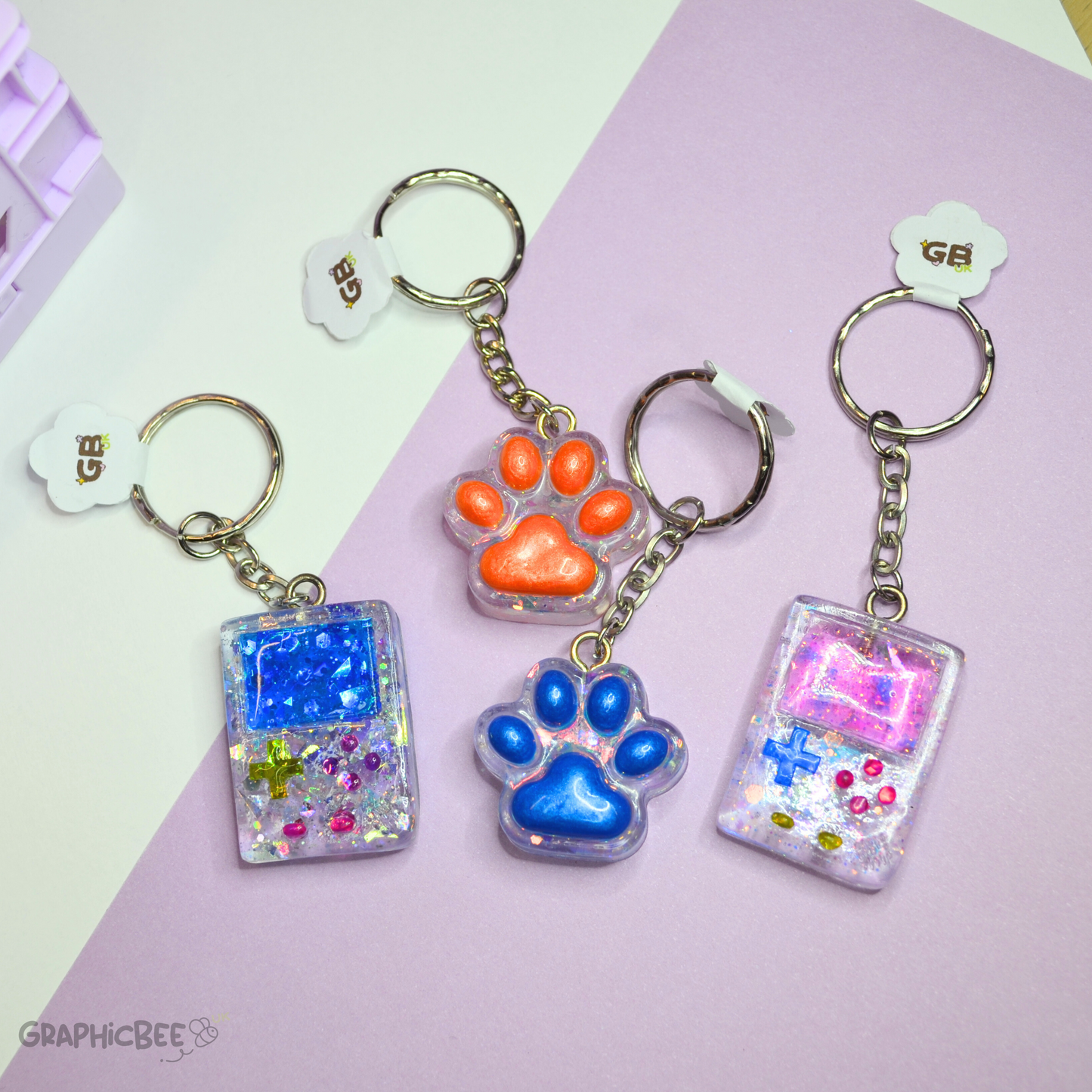 Orange Paw Print Glitter Resin Keyring