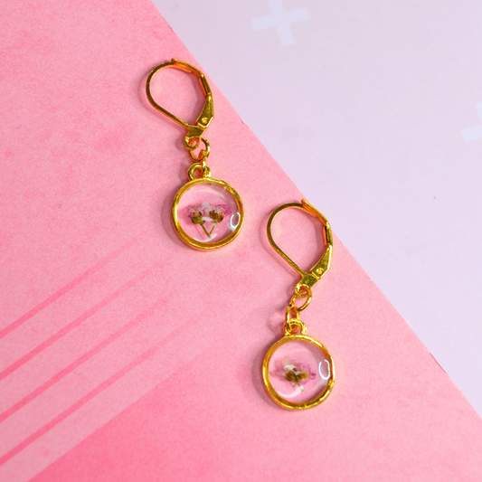 Pink floral inlay Glass Drop Earrings